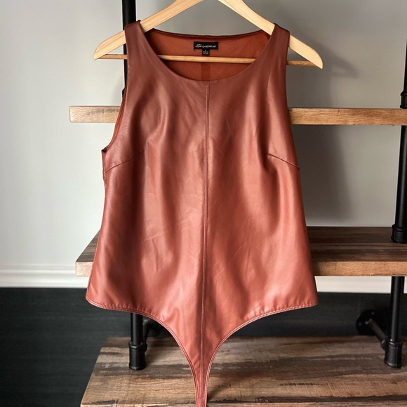 Shinestar Tops - Brown Leather Bodysuit